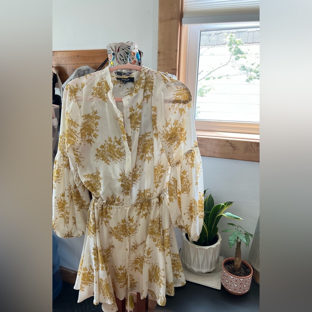 Aakaa White and Gold Floral Mini Dress